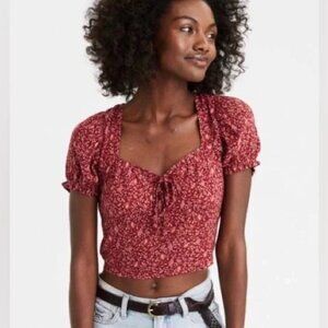 American Eagle Red Floral Milkmaid Corset Style Puff Sleeve Crop Top Size Medium